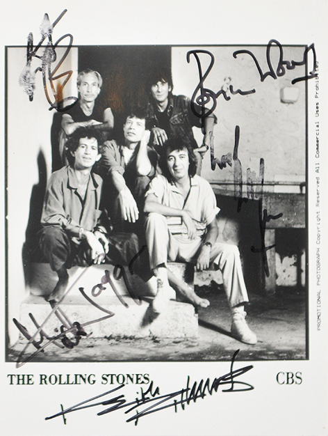 Rolling Stones - Authentic 8x10 bw signed from the top left corner, clockwise by: Charlie Watts, Ronny Wood, Bill Wyman, Keith Richards and Mick Jagger all in black sharpie pen