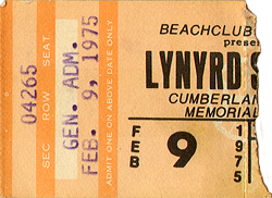Lynyrd Skynyrd Ticket Stub 02-09-75 Cumberland Memorial - Cumberland, WI