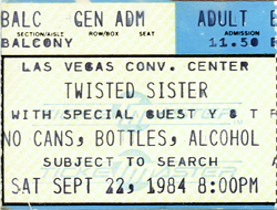 Twisted Sister Ticket Stub 09-22-84 Las Vegas Convention Center - Las Vegas, NV