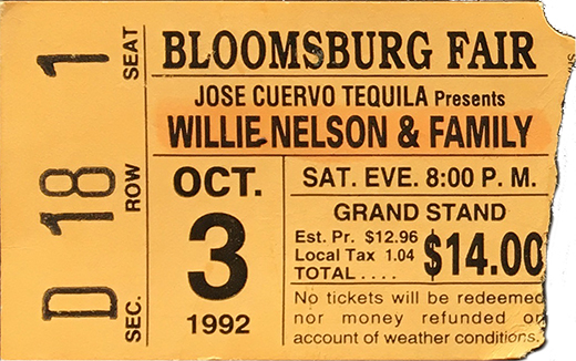 Willie Nelson - 10-3-1992 Bloomsburg Fair Ticket Stub