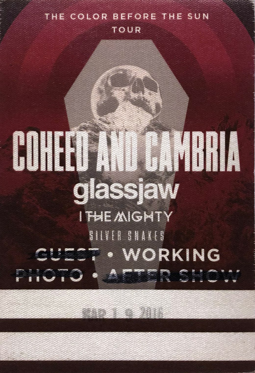 Coheed And Cambria - 2016 The Color Before The Sun Tour Backstage Working Pass