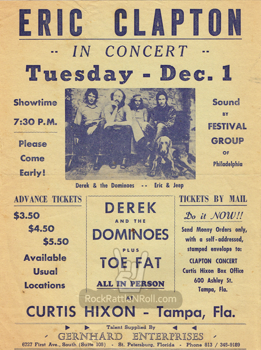 Original Eric Clapton / Derek And The Dominos / Toe Fat - December 1, 1970 Curtis Hixon Hall Tampa, FL Concert Handbill