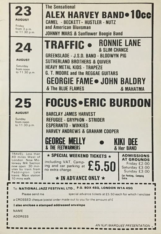 Jazz Blues and Rock Festival - August 23, 24, 25, 1974 London UK Handbill