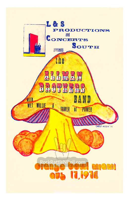 Allman Brothers Band / Marshall Tucker Band - August 17, 1974 Orange Bowl Miami Fl Concert Poster