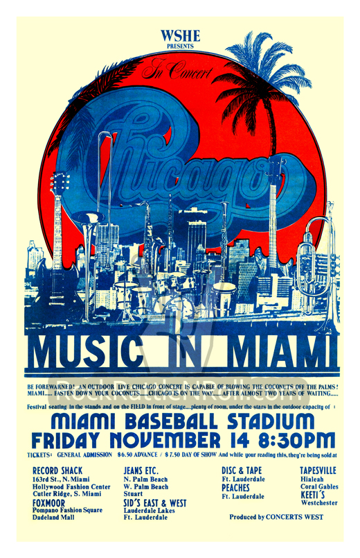 Chicago - 1975 Miami Baseball Stadium Concert Poster