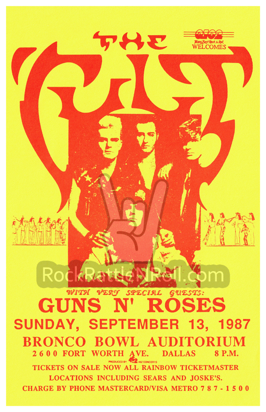 The Cult / Guns N' Roses - September 13, 1987 Bronco Bowl Arena Dallas, TX Concert Poster