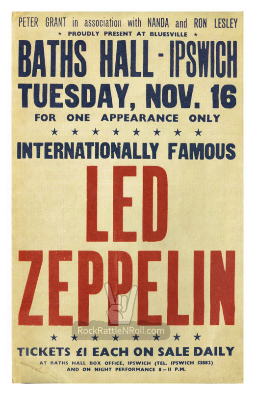 Led Zeppelin - Classic 1972 Ipswich, UK Concert Poster