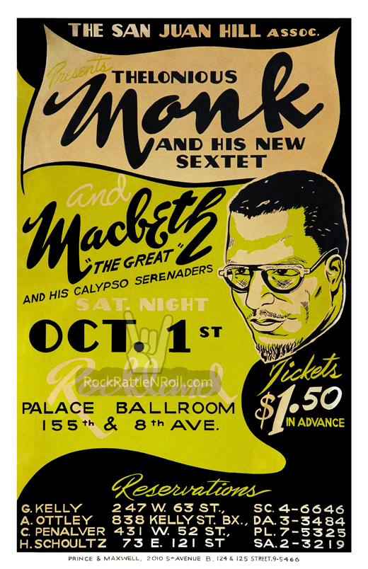 Thelonious Monk - 1949 Rockland Palace Ballroom Harlem, NY Concert Poster