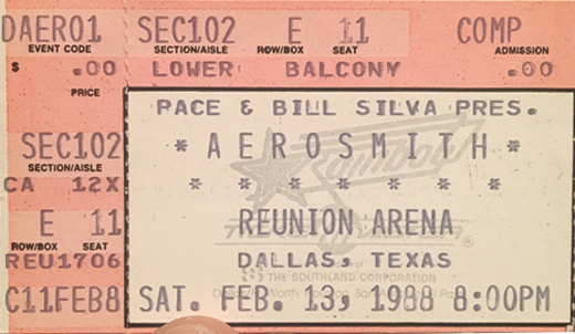 Aerosmith Ticket Stub 02-13-88 Reunion Arena - Dallas, TX