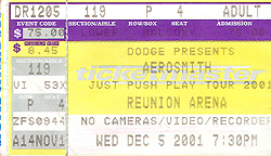 Aerosmith Ticket Stub 12-05-01 Reunion Arena - Dallas, TX