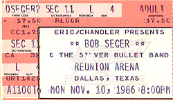 Bob Seger 11-10-86 Reunion Arena Dallas, TX Ticket Stub