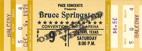 Bruce Springsteen Full Unused Ticket 12-09-78 Dallas Convention Center - Dallas, TX - Yellow