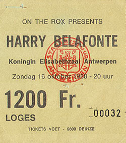Harry Belafonte Ticket Stub 10-16-88 Queens Concert Hall - Rumst, Belgium