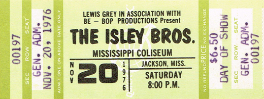 Isley Brothers 11-20-76 Mississippi Coliseum - Jackson, MS Ticket Stub