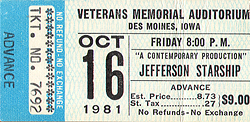 Jefferson Starship Ticket Stub 10-16-81 Veterans Memorial Auditorium - Des Monies, IA