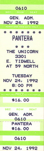 Pantera Full Unused Ticket 11-24-92 The Unicorn - Houston, TX
