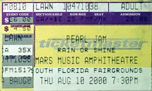 Pearl Jam Ticket Stub Mars Music Amphitheater August 10, 2000
