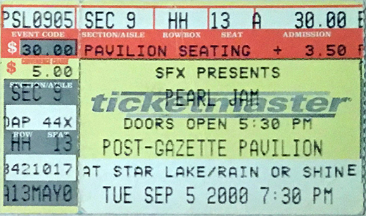 Pearl Jam Ticket Stub Post Gazette Pavilion September 5, 2000