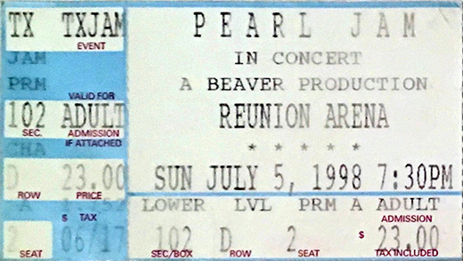 Pearl Jam Ticket Stub Reunion Arena July 5, 1998