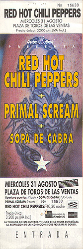 Red Hot Chili Peppers Full Unused Ticket 08-31-00 Plaza De Toros De Las Ventas - Madrid, Spain