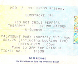 Red Hot Chili Peppers Ticket Stub 08-25-94 Dalymount Park - Dublin, Ireland