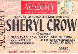 Sheryl Crow Ticket Stub 11-17-96 Manchester Academy - Manchester, UK