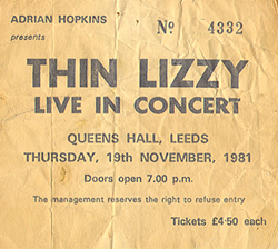 Thin Lizzy Ticket Stub 11-19-81 Queens Hall - Leeds, UK